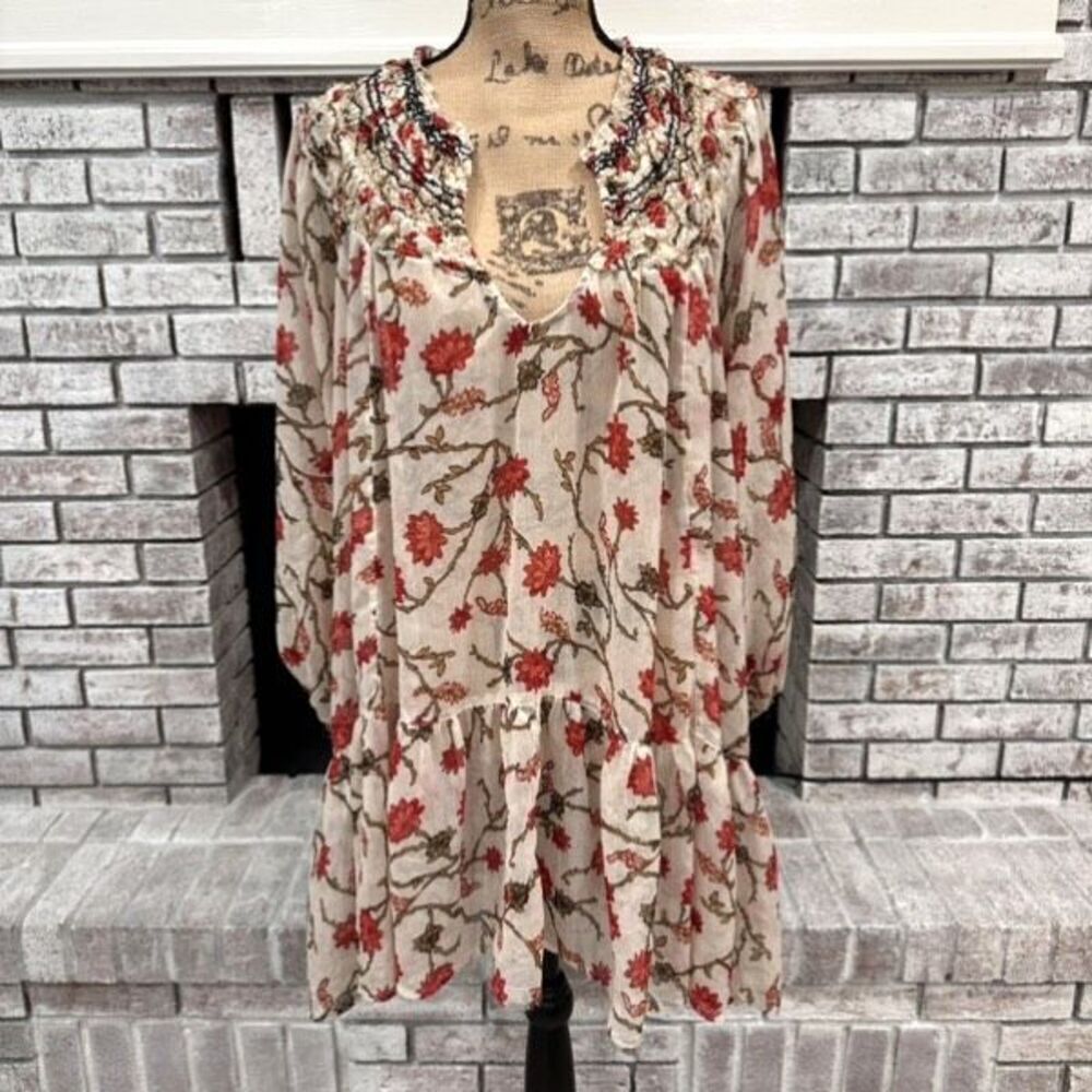 Free People Women's Keeping Up With Kara Floral Tunic Top Ivory Red Size Medium